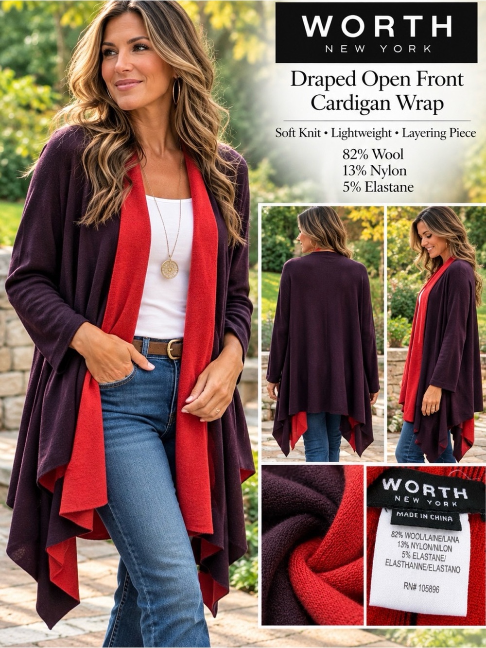 WORTH New York Draped Open Front Colorblock Knit Wool Blend Cardigan Sweater OS